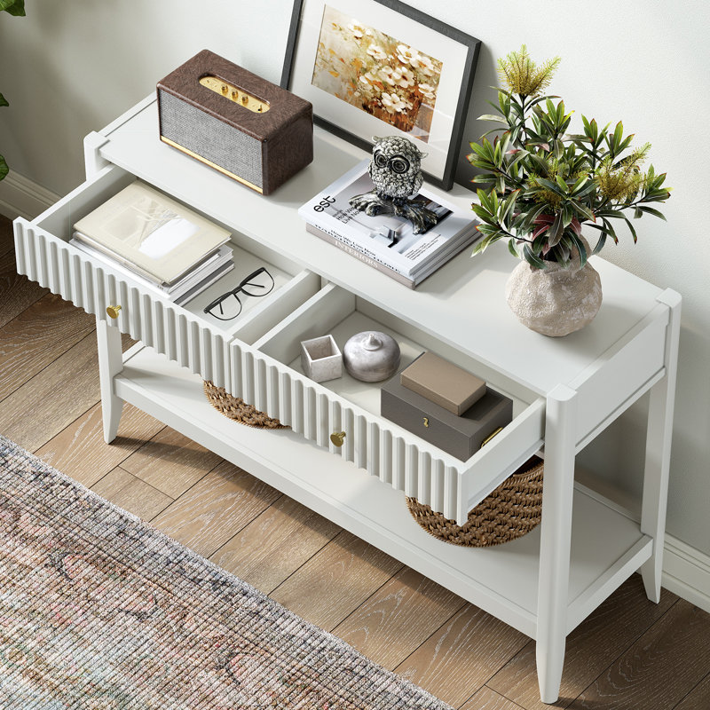 Entryway Console Table With Two Drawers, Mid-century Modern Sofa Table Behind The Couch With Solid Wood Legs, Cream White