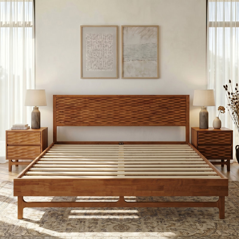 Queen Premium Solid Wood Platform Bed Frame, Walnut Finish with Sculpted Spearhead Headboard – Mid-Century Modern Style, 800lbs Capacity, All Mattress Support, No Box Spring Needed