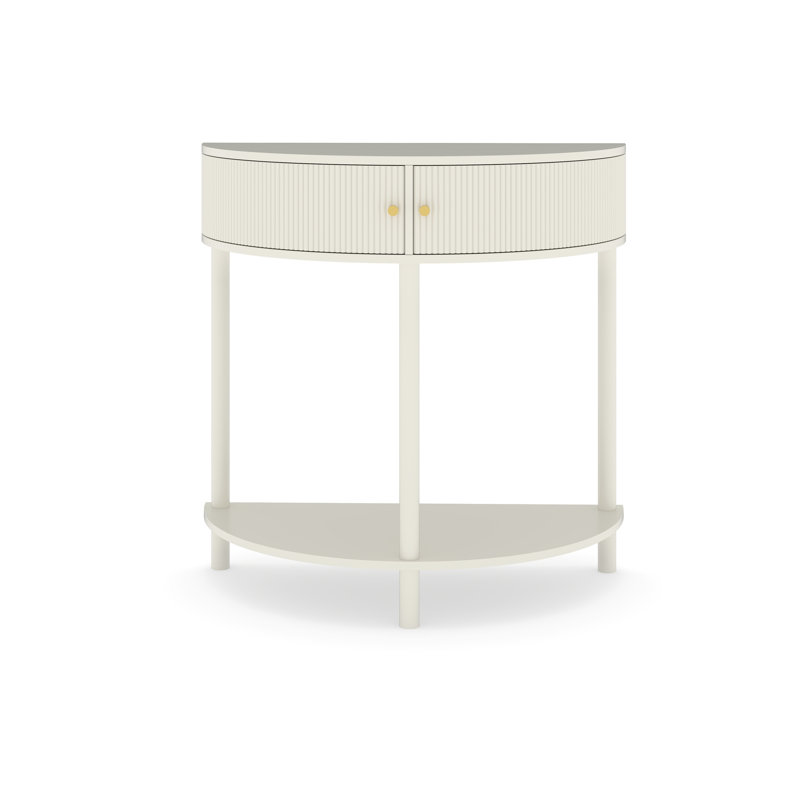 Table d'appoint blanche crème à motif ondulé avec tiroirs de rangement pour salon, finition demi-lune, tiroirs 3D, tablette inférieure, entrée.