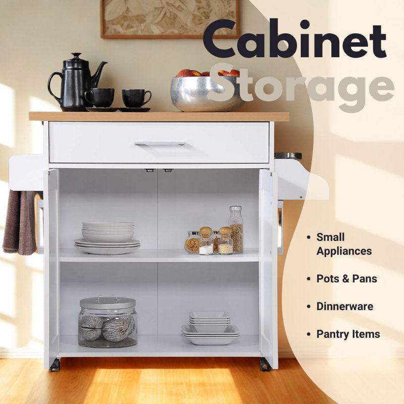 Kitchen Island with Spice Rack and Towel Holder, Storage Cart with Utensil Drawer, Interior Cabinet Storage and Locking Wheels