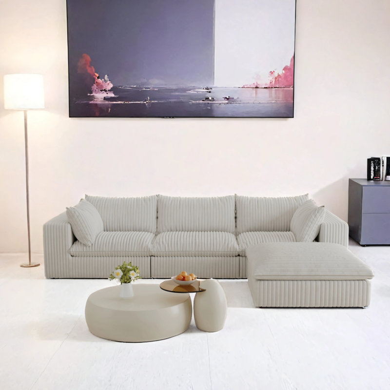 Canapé Corduroy, Velours côtelé blanc, H 24 po x l 118,2 po x P 78,8 po