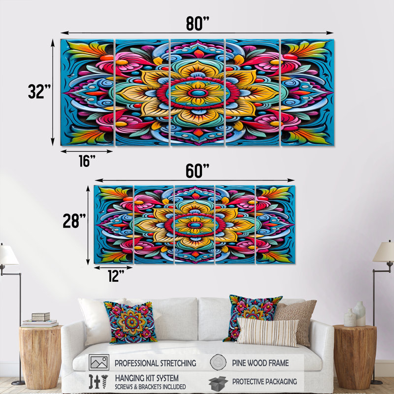 Art mural vibrant 5 x fuchsia azur jaune - Boho Mandala, H 32 po x l 80 po