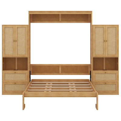 Queen Rattan Murphy Bed With Cabinet, Solid Wood Bed With 2 Side Cabinet Storage Shelves, Perfect For Bed Room, Guest Room