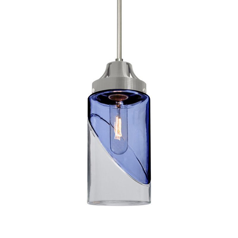 Luminaire suspendu à cylindre simple 1 lumières Casen, Nickel satiné, Bleu