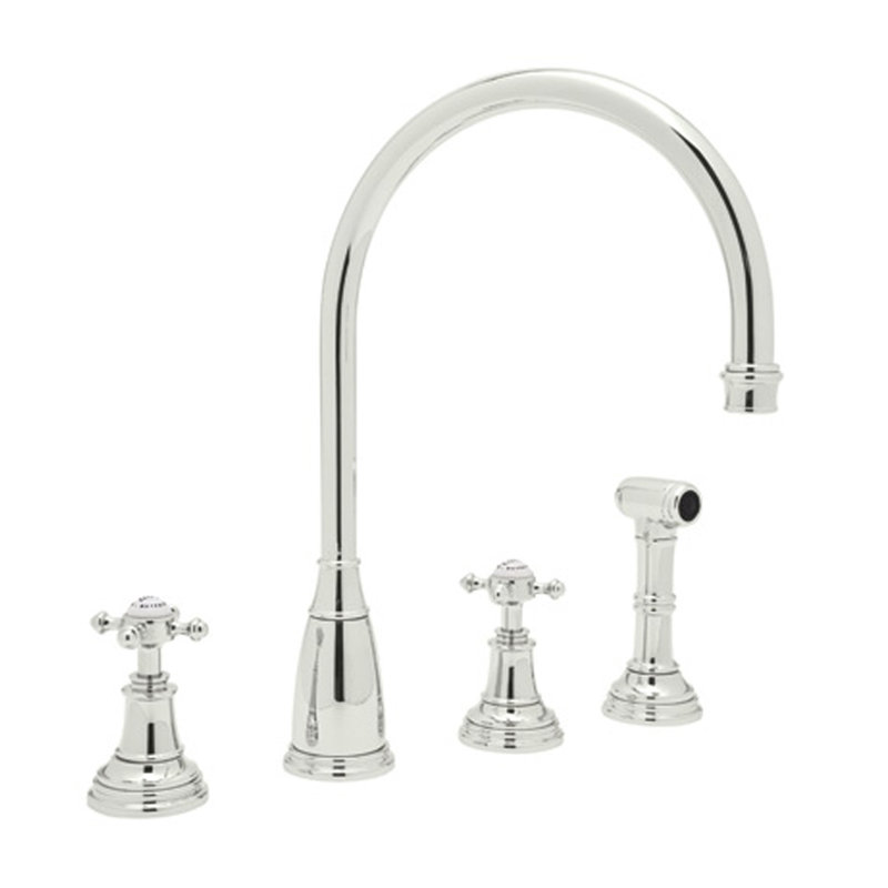 Georgian Era Two Handle Kitchen Faucet With Side Spray, Polished Nickel, Cross