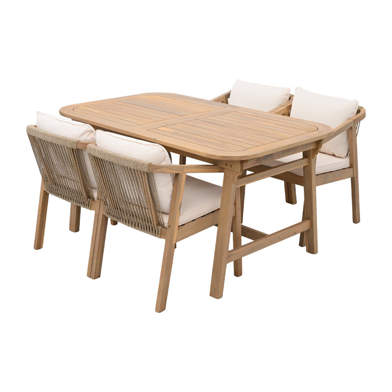 Oltmann Patio 5-Piece Acacia Wood Dining Set With Extendable Table & Cushions