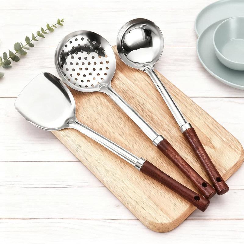 Ensemble d'ustensiles de cuisine en acier inoxydable avec poignées en bois Professional