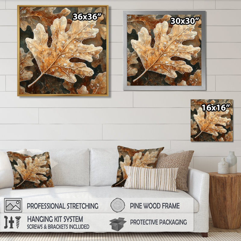 Impression sur toile Frosty Oak Leaf I - Leaves, H 36 po x l 36 po, Impression encadrée flottante, Blanc