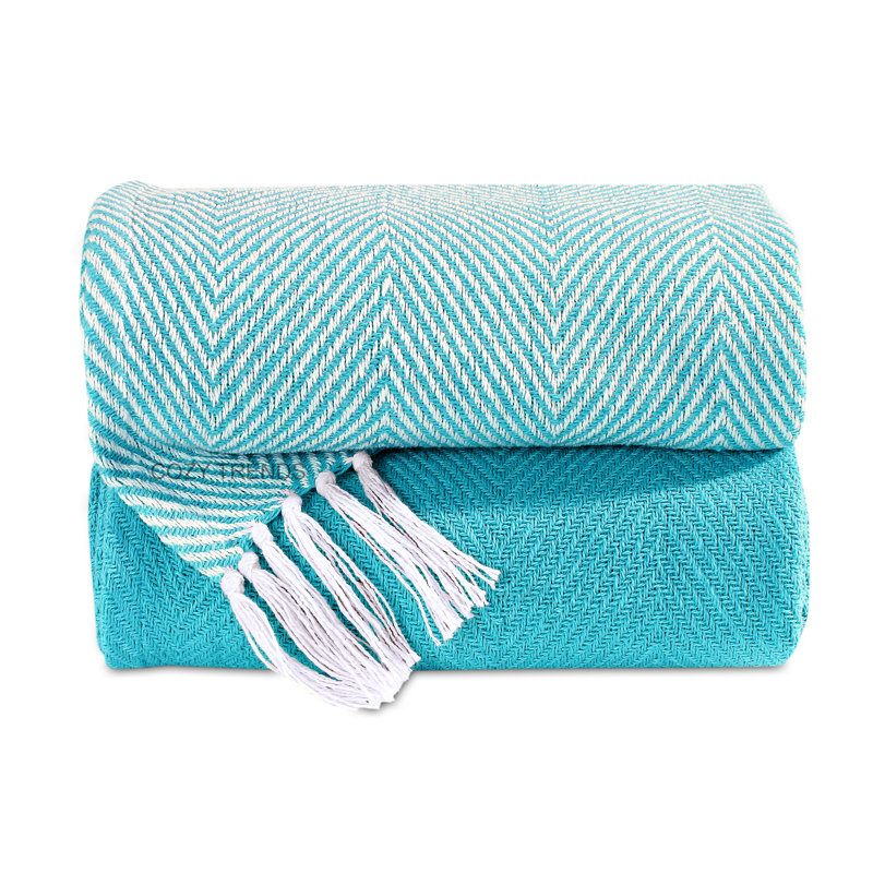 Hand Woven Throw Blanket, Turquoise, Chervon/Solid Color