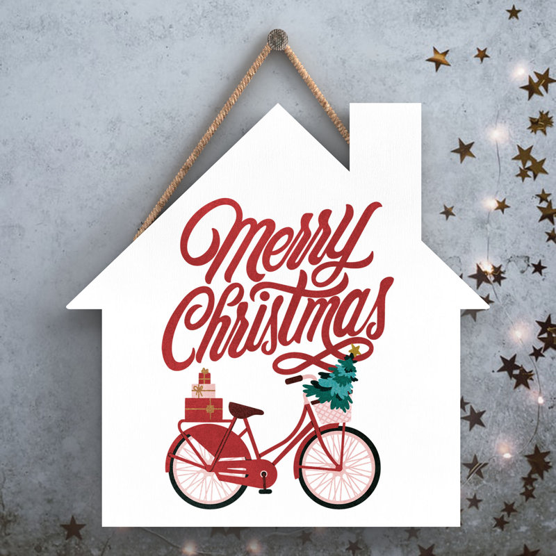 Xmas Merry Christmas Bicycle Wooden House Plaque, 9.9cm H x 9.9cm W x 0.5cm D