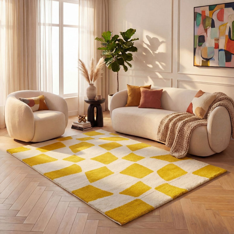 Joli Chequered Area Rug Soft Dense Pile for Living Rooms and Bedrooms, Yellow/White, Rectangle 120 x 170 cm