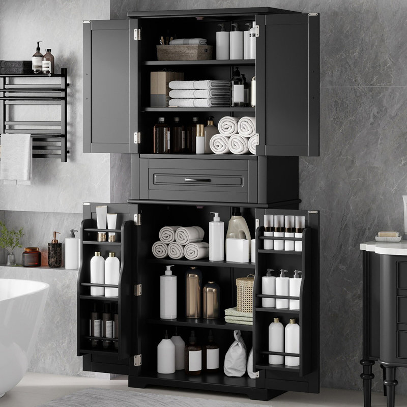 Armoire de rangement pour salle de bain avec espace de rangement multifonctionnel, tiroir avec glissières, tablette réglable, noir