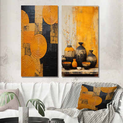 Artistique, poterie jaune artistique - ensemble de 2 pièces murales abstraites en métal