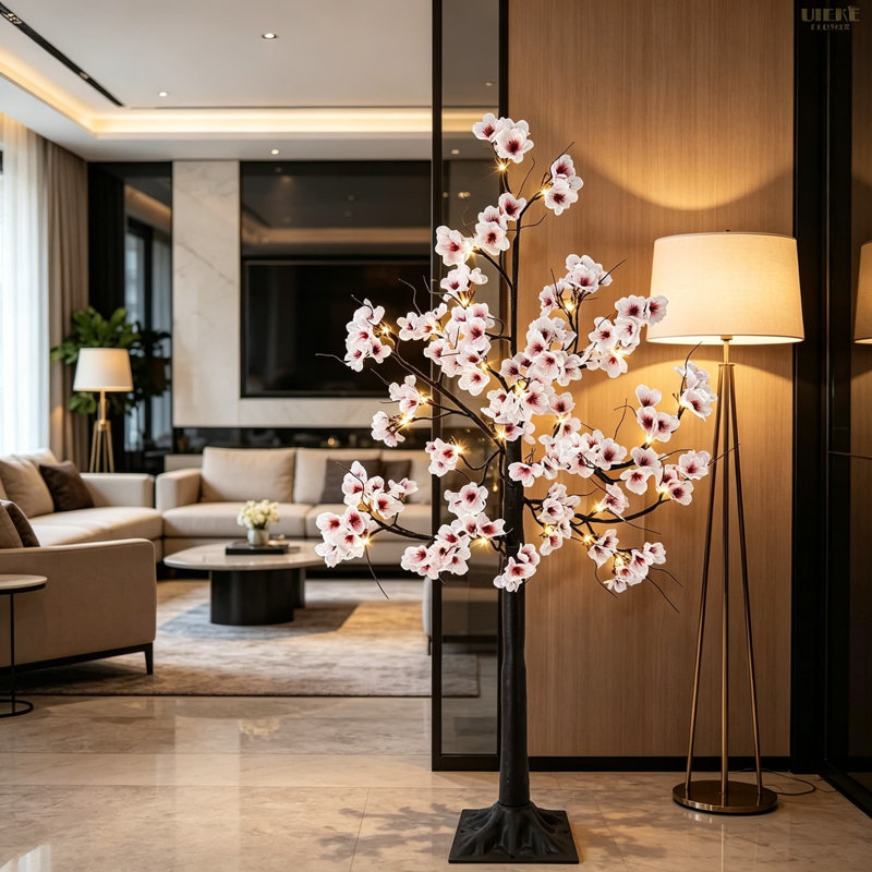 Arbre de fleurs de cerisier artificiel 6 pi avec 96 lumières féeriques à DEL blanc chaud, arbre illuminé pour la maison