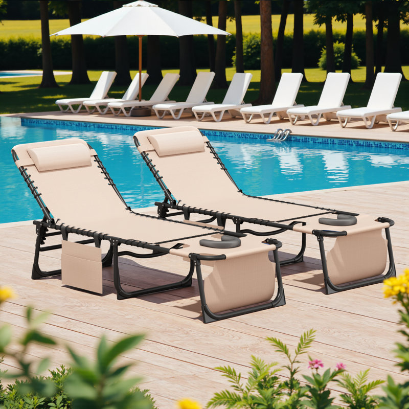 Chaise longue d'extérieur avec coussin, chaise longue de patio à hauteur ajustable (ensemble de 2), Beige