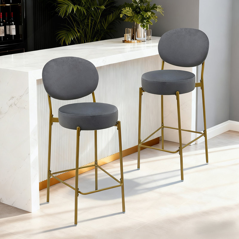 Ensemble de 2 tabourets de bar rembourrés d'intérieur en bois, finition noyer foncé et ivoire, ensemble de 2, Gris / tissu