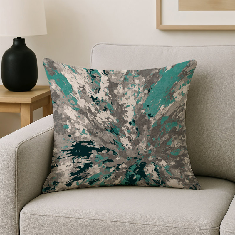 Coussin décoratif intérieur et extérieur Modern, Carré 16 po, Gris / abstrait vert foncé