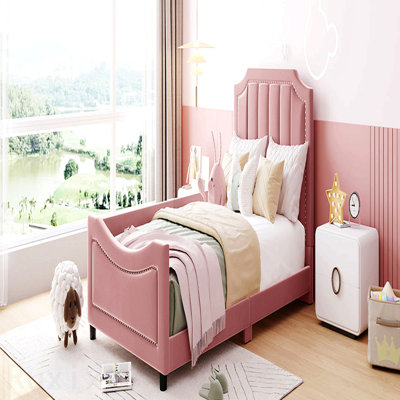 Lit de jour simple tapissier avec tête de lit à rayures classique, rose