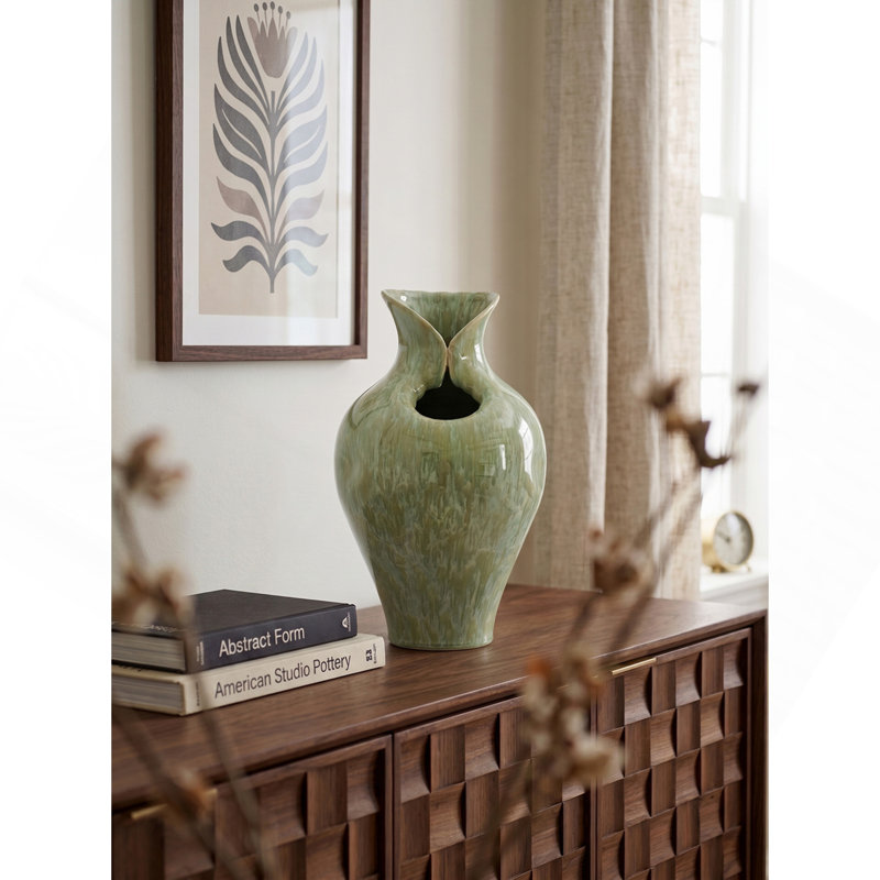 D9.8x16.5" Sage Green Sculptural Ceramic Vase
