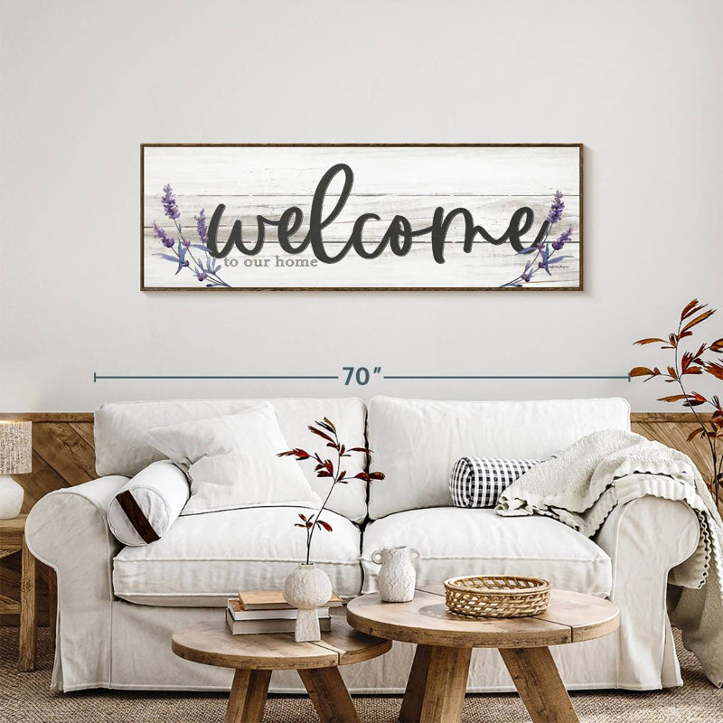 Plaque murale "Welcome to our home" lavande, 57 po x 19 po, Cadre flottant noyer