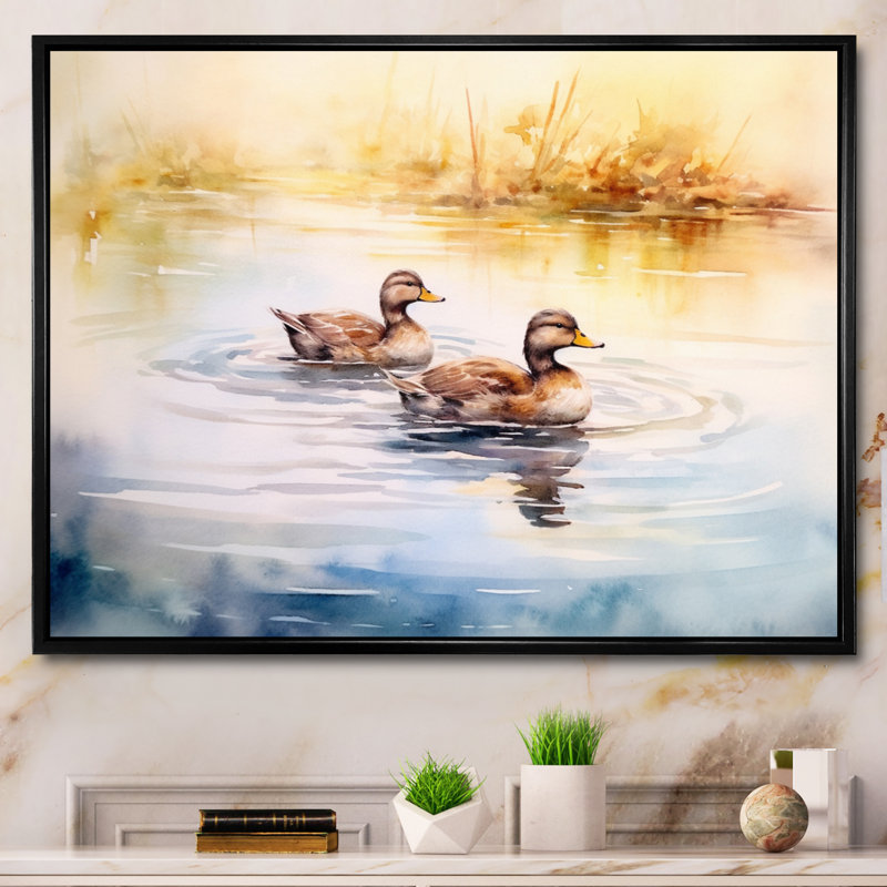 «Ducks in Pond V», reproduction sur toile encadrée, Cadre flottant noir, H 12 po x l 20 po x P 1 po