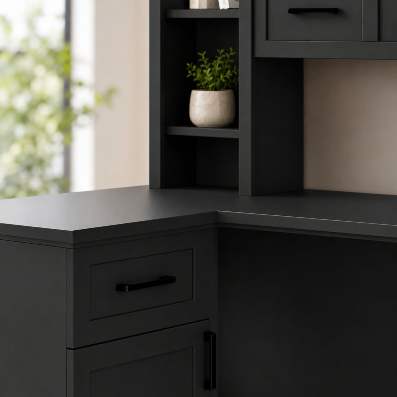 Bureau en forme de L noir avec grand rangement, tablette rabattable, pour le salon d'étude, Black