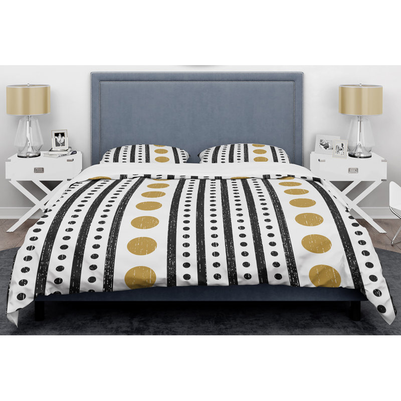 Retro Art Deco - Mid century bedding set - Modern Mid-century Bed cover set, King Duvet Cover + 2 Shams, Black/Gold Striped 2
