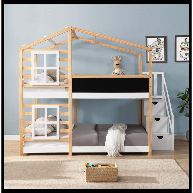Full Over Full  Bunk Bed House Bed With Roof Windows Blackboard And Storage Ladder Platform Bed,Bed Frame, Full