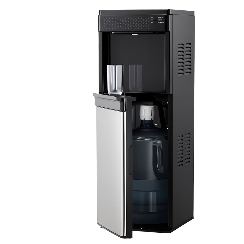 Distributeur d'eau portatif au sol 35,63 pouces 3-en-1 avec machine à glaçons en acier inoxydable noir classique