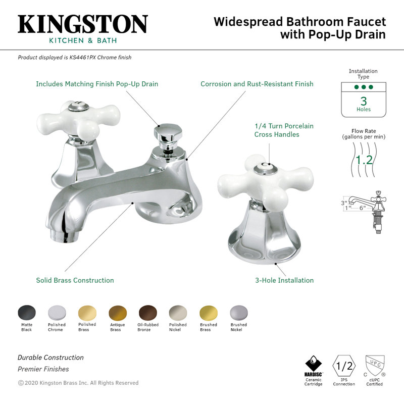 Kingston Brass Metropolitan Two-Handle 3-Hole Deck Mount Widespread Bathroom Faucet with Brass Pop-Up Drain, Satin Brass