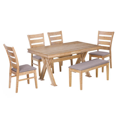 6-Piece Retro 59""L Rectangular Dining Table Set, Table With Unique Legs And 4 Upholstered Chairs & 1 Bench For Dining Room And Kitchen -  STYLISH, OKKK612-ST000096AAD