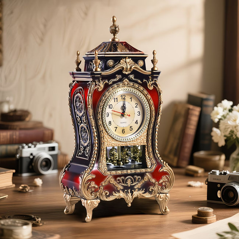Horloge rétro, horloge de bureau rétro exquise avec 12 chansons (rouge brunâtre)
