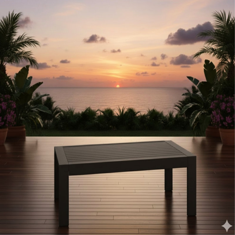 Table basse d'extÃ©rieur rÃ©sistante aux intempÃ©ries avec plateau imitation bois rÃ©aliste