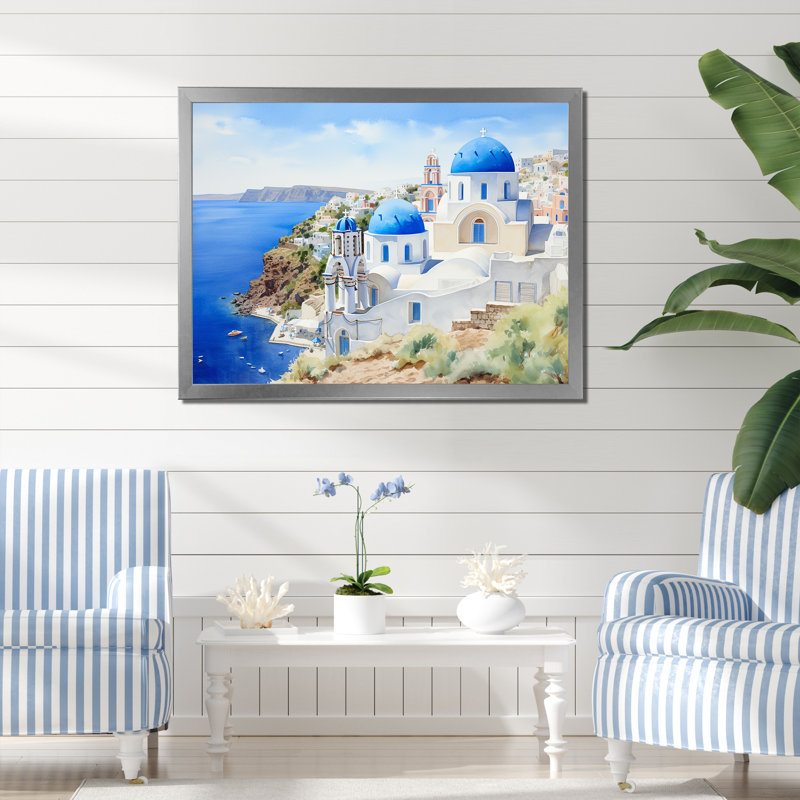 «Blue and White Greek Isles Village III - Grèce», art mural, Cadre de coin argenté fermé, H 30 po x l 40 po x P 1,5 po