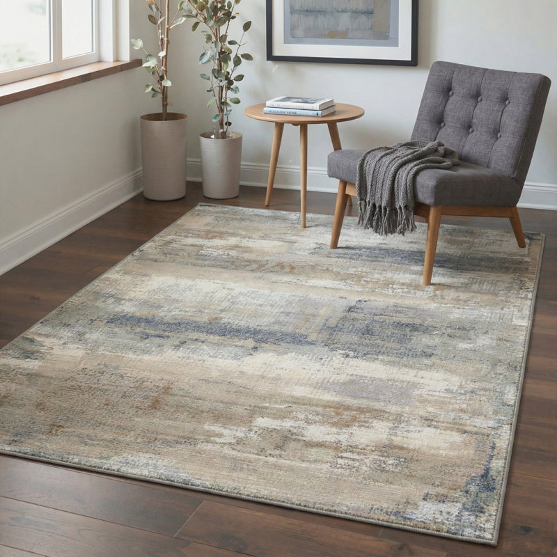 Aura Modern Abstract Machine Washable Brown / Grey / Beige Indoor Area Rug with Non-Slip Backing, Rectangle 6' x 9'