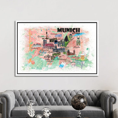 Munich Bavaria Illustrated Map by Markus & Martina Bleichner - Painting on Canvas