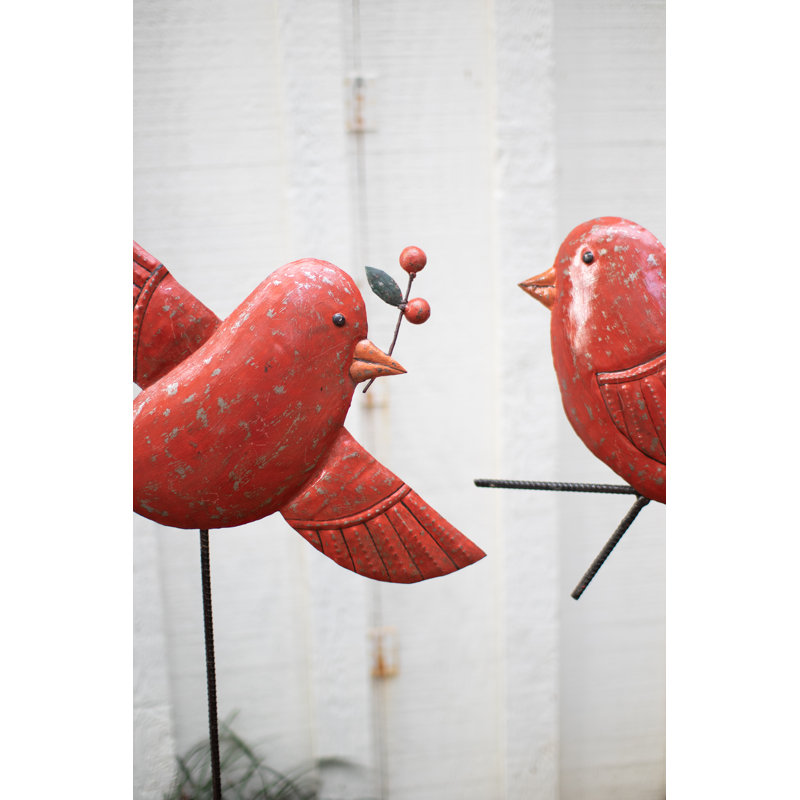  Piquets d'oiseaux martelés à la main - ensemble de deux décorations de jardin en métal rouge