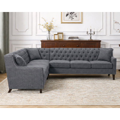 Canapé modulaire de 105 po Chesterfield 105 po avec 3 coussins, dossier capitonné, garniture cloutée et pieds en bois massif