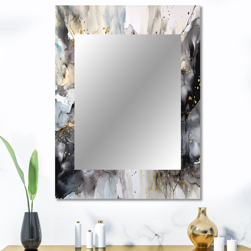Grey Gold Delicate Abstract Brushstrokes II - Marble Mirror, Gray Decorative Wall Mirror, Printed Metal Art, 40" x 30"