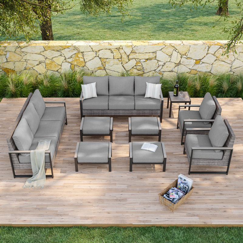 Ensemble 9 pièces de canapé de patio, repose-pieds, chaise et table, Gris
