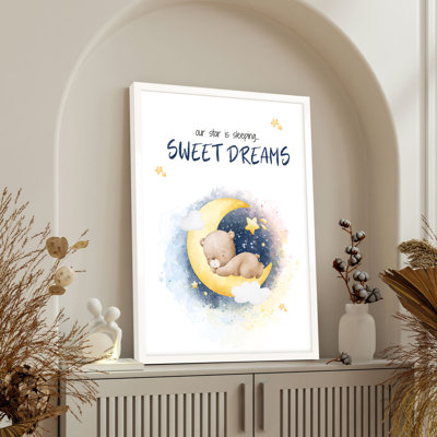 Z Studio Mostajo Wall Art Vintage Sweet Dreams Poster For Baby Girl Boy Room Wall Decor Cute Animal Print for Toddlers, Children 12x16 inch, WHITE FRAMED