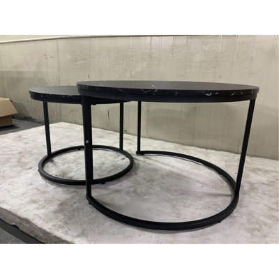 Nesting Coffee Table Set Of 2, 27.6Inch Round Coffee Table Wood Marble Pattern Top With Sturdy Metal Frame, End Table Side Tables For Living Room Bedroom Balcony Yard (Black)