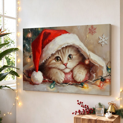 Chaton dans un chapeau de père Noël, art mural sur toile encadré noir, 16 po x 24 po, décoration murale moderne pour le salon et la chambre à coucher