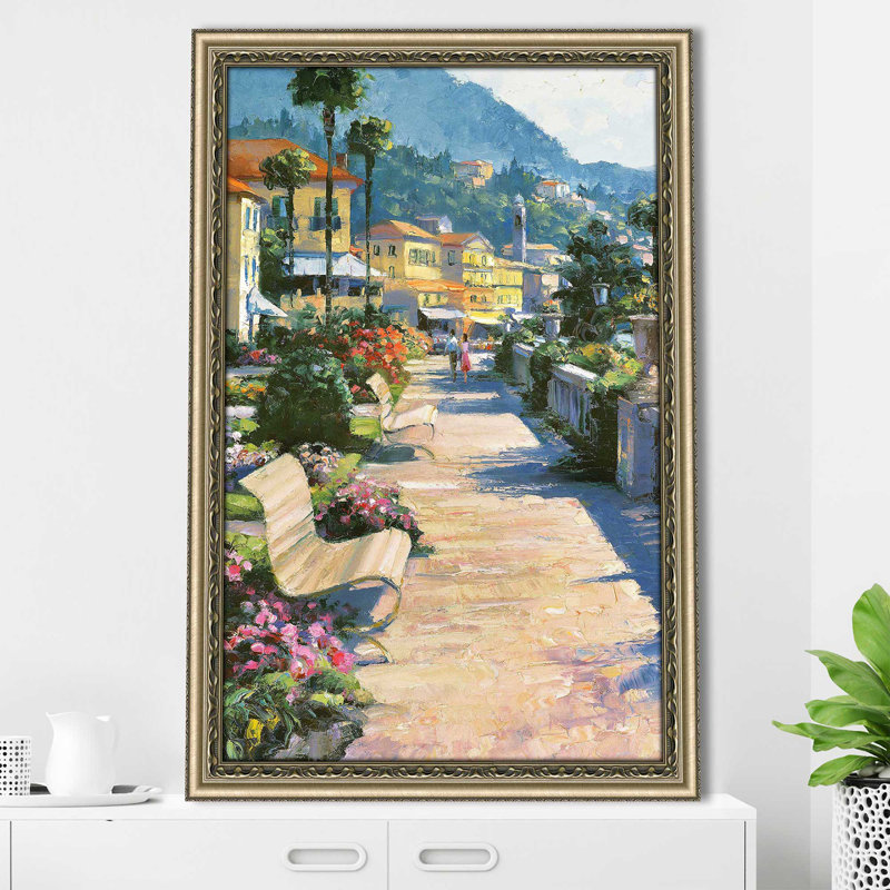«Bellagio Promenade I» par Howard Behrens - Peinture, Encadrement champagne, H 27,5 po x l 21,5 po x P 0,75 po