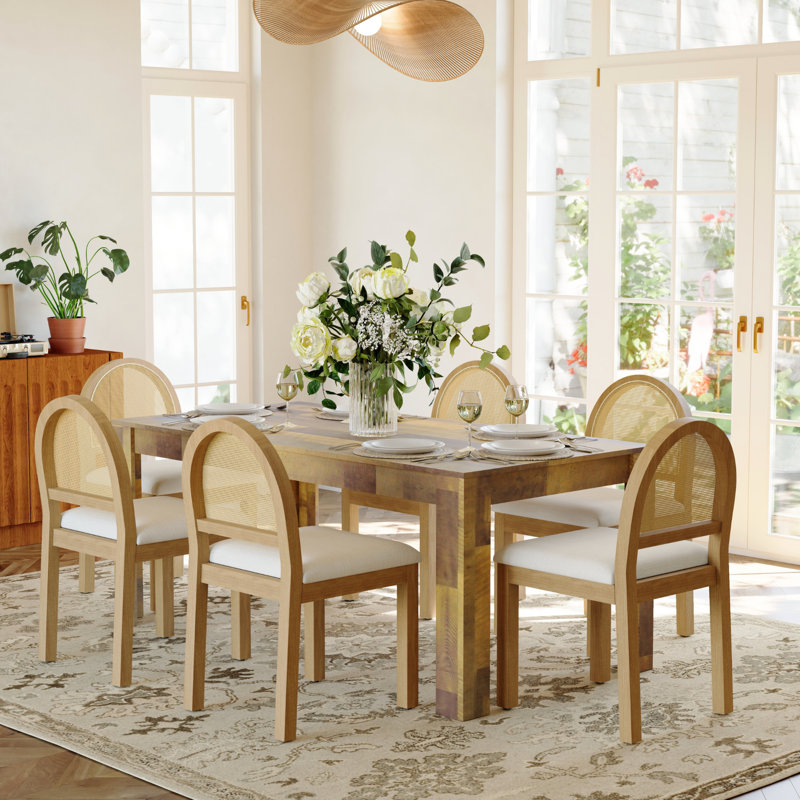 Dining Table Set With Rectangular Dining Table & Upholstered Chairs, 7 Pieces: Table, 6 Chairs, Brown