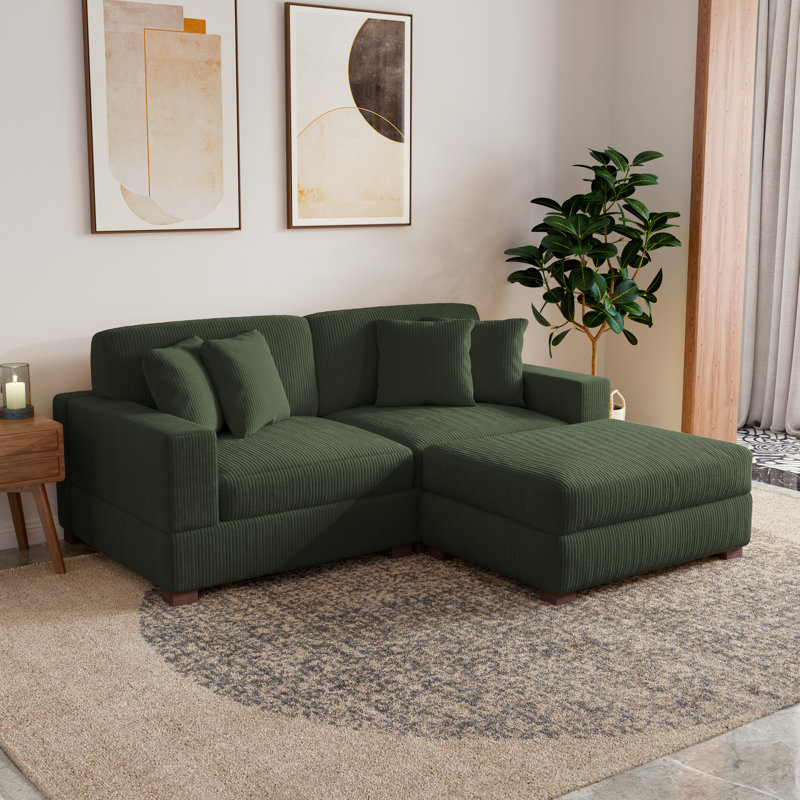 3 - Piece Upholstered Green Corduroy Modular Sectional Sofa with Pillow Back and Removable Ottoman, Green Corduroy