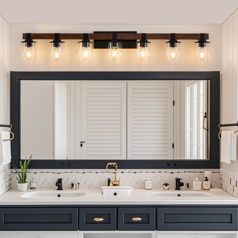 7-Light Rustic Industrial Bathroom Vanity Light Wall Mounted with Clear Glass Shades and Wood Accents, 7