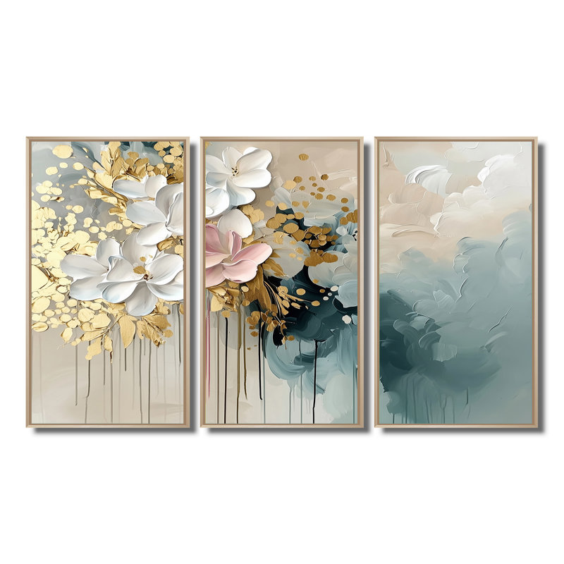Ensemble de salon art floral doré coup de pinceau abstrait, Toile naturelle avec cadre flottant, H 28 po x l 36 po x P 1 po