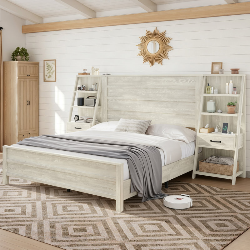 Lit plateforme King style ferme Coey avec tête de lit, étagères, station de recharge et tiroirs, blanc rustique