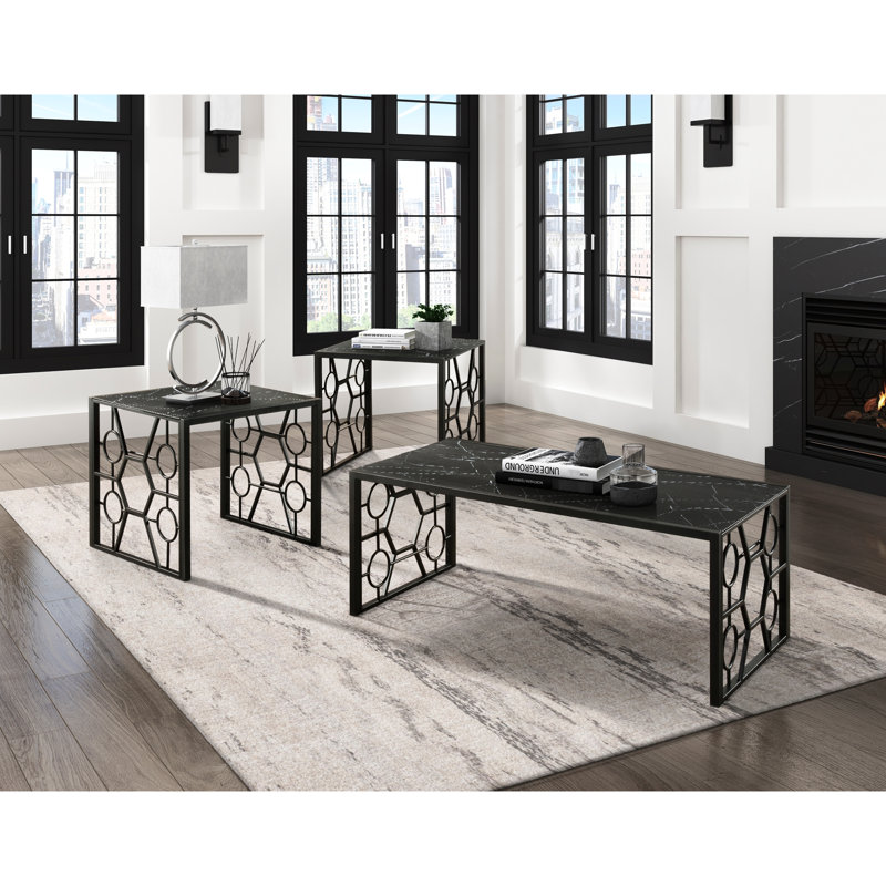 Élégante table d'appoint 3: verre trempé avec impression de marbre moderne et accent métallique pour la maison cannelée à la mode